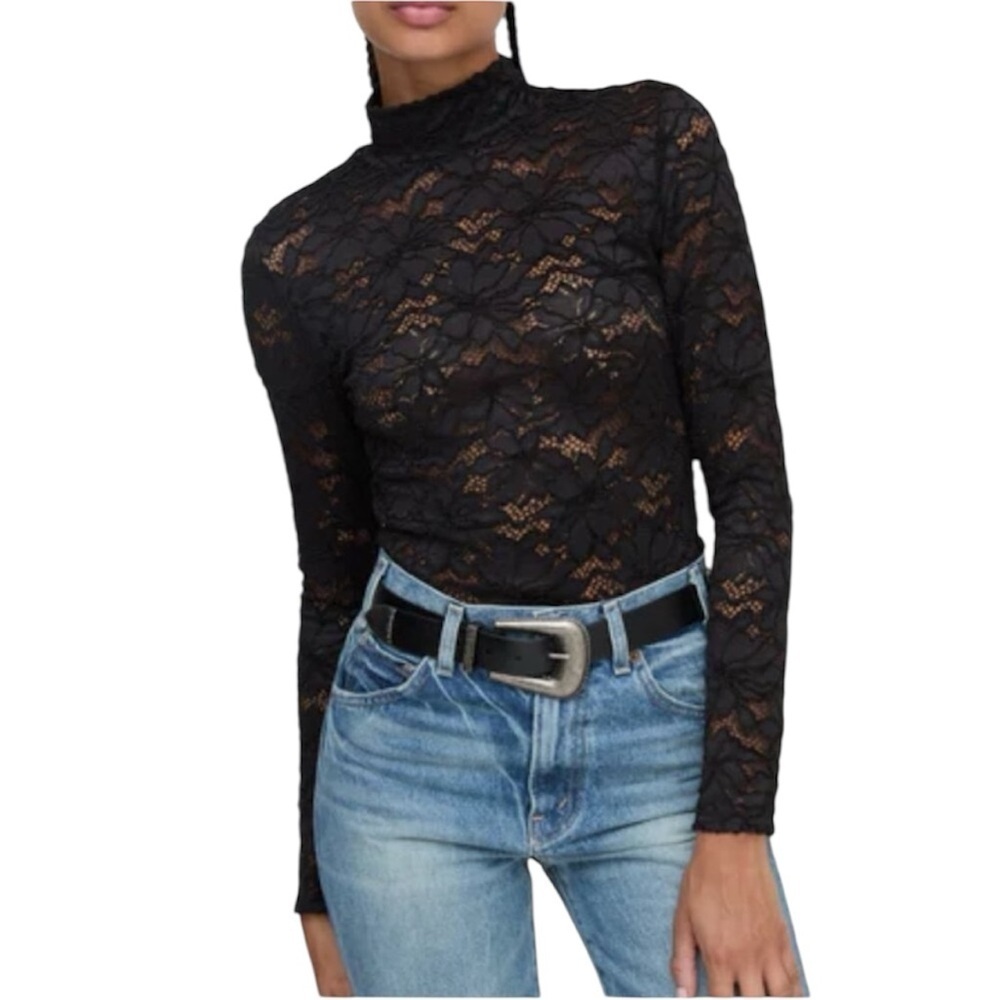 Hill House | Women’s Black Lace Mock Neck Mia Long Sleeve Top Size Large